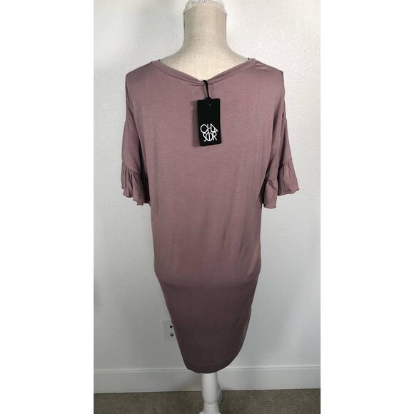 Chaser Mauve Tiered Ruffle Sleeve Round Neck Jersey T-Shirt Hi-Lo Dress -M - Picture 3 of 3